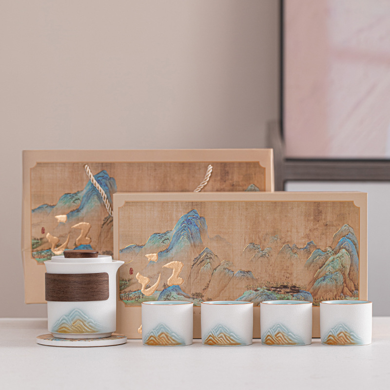 Set de ceai Gongfu din ceramică, 1 ceainic și 4 cești, suvenir de călătorie