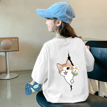 Tricou din bumbac pentru fetițe, mâneci scurte, guler rotund, vară