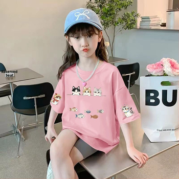 Tricou din bumbac pentru fetițe, mâneci scurte, guler rotund, vară