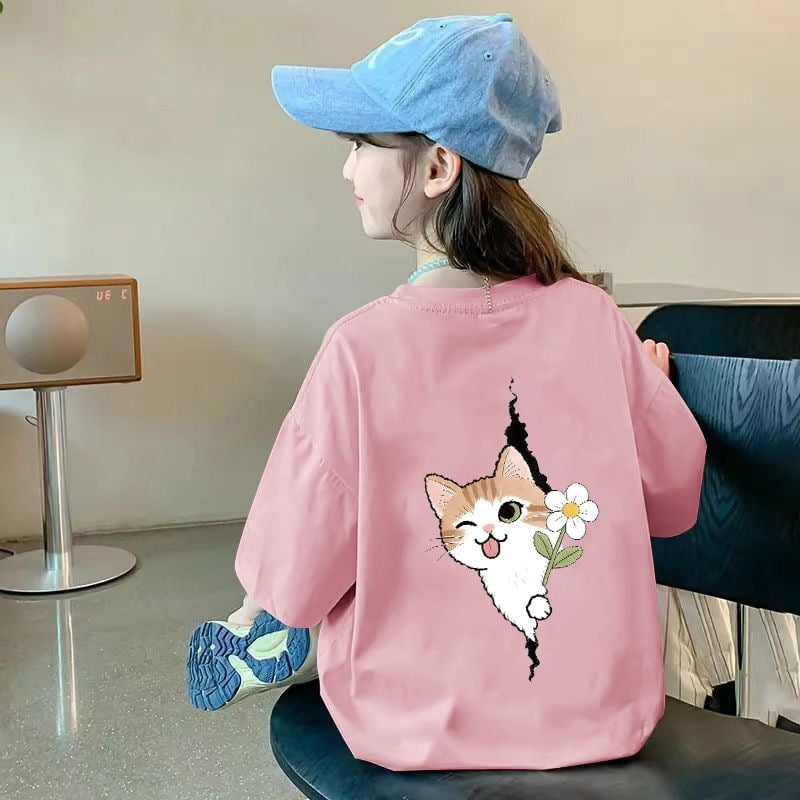 Tricou din bumbac pentru fetițe, mâneci scurte, guler rotund, vară