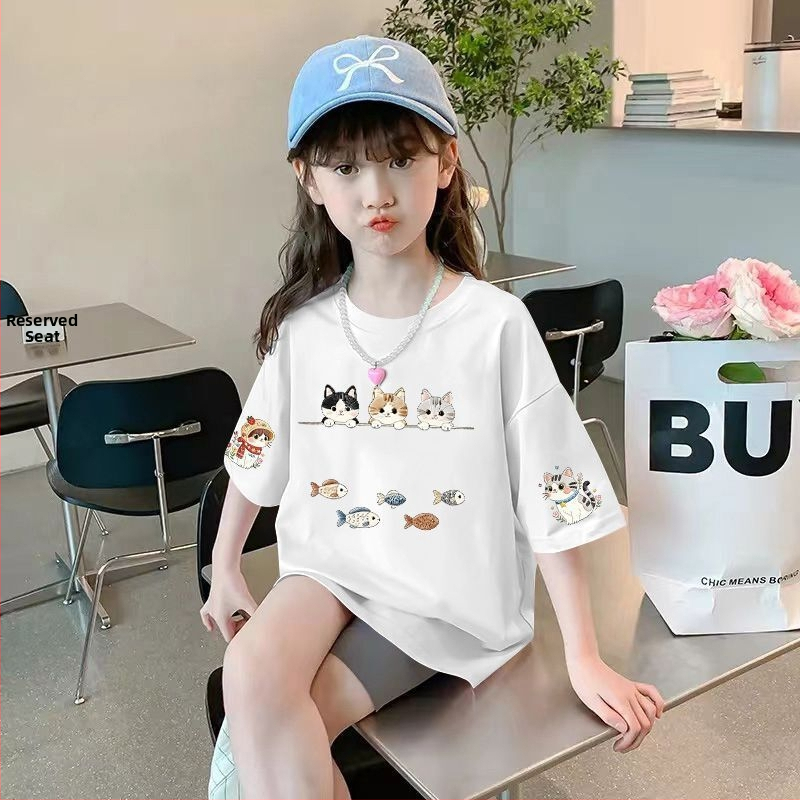 Tricou din bumbac pentru fetițe, mâneci scurte, guler rotund, vară