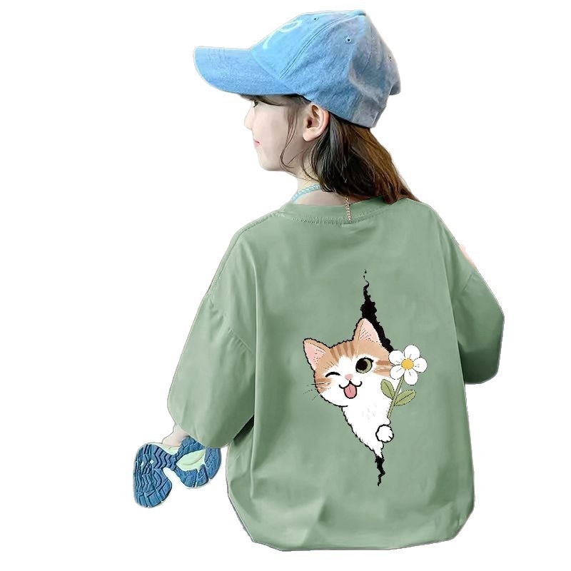 Tricou din bumbac pentru fetițe, mâneci scurte, guler rotund, vară