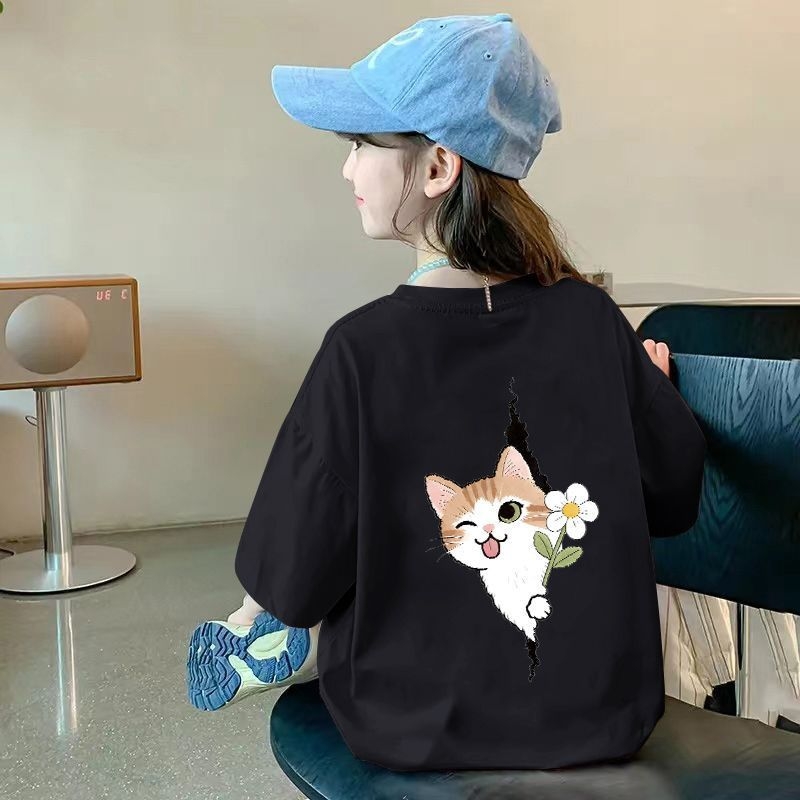 Tricou din bumbac pentru fetițe, mâneci scurte, guler rotund, vară