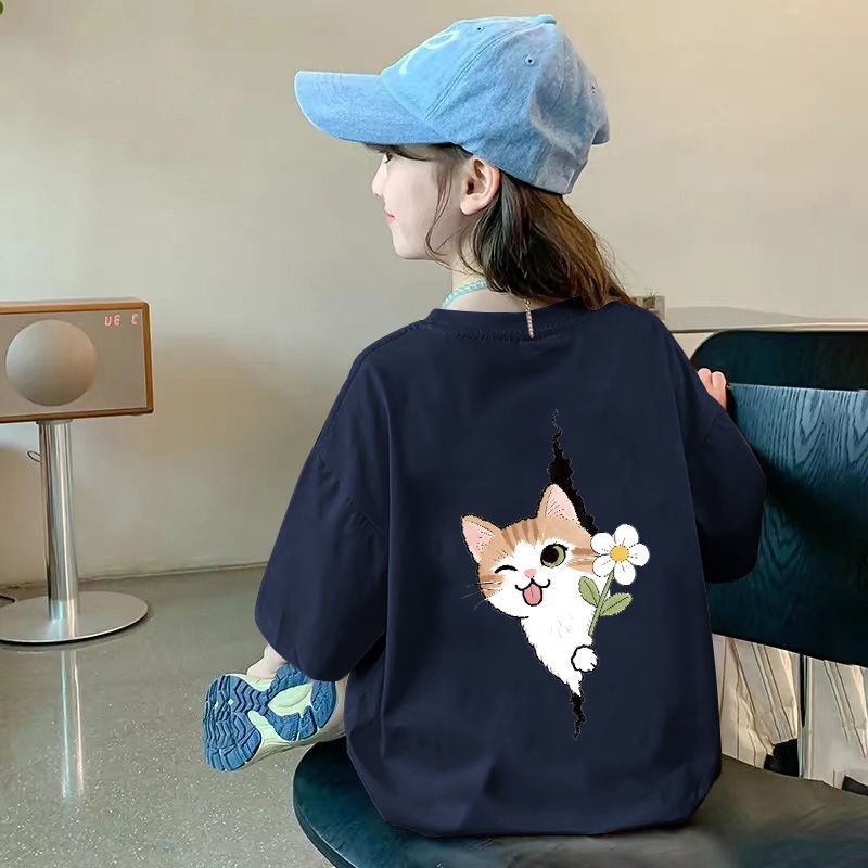 Tricou din bumbac pentru fetițe, mâneci scurte, guler rotund, vară