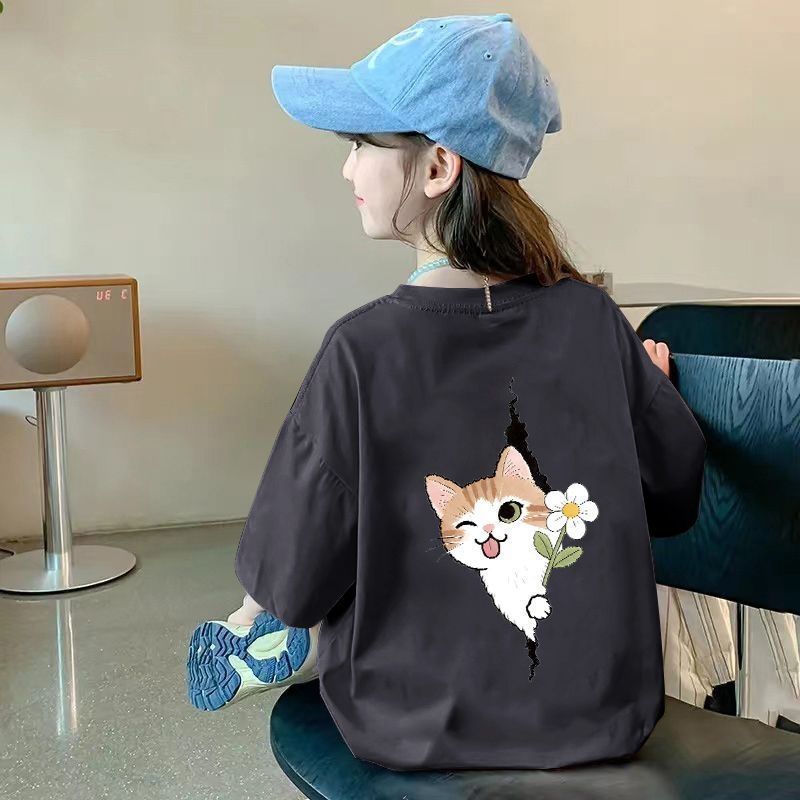 Tricou din bumbac pentru fetițe, mâneci scurte, guler rotund, vară