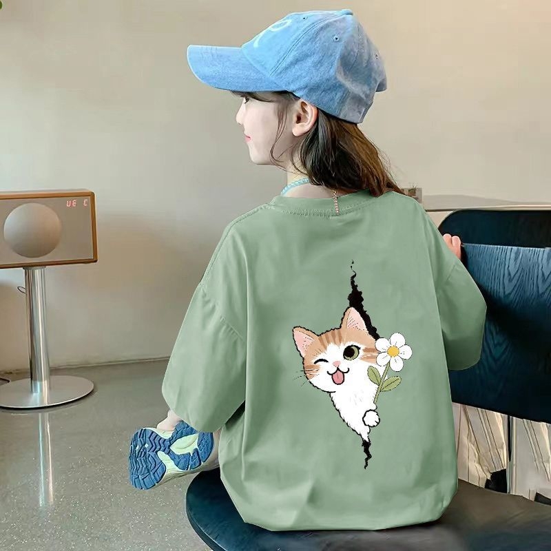 Tricou din bumbac pentru fetițe, mâneci scurte, guler rotund, vară