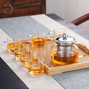 Ceainic din sticlă rezistent la temperaturi înalte, infuzor din oțel inoxidabil, set Gongfu cu farfurioară și ceașcă, mâner colorat.