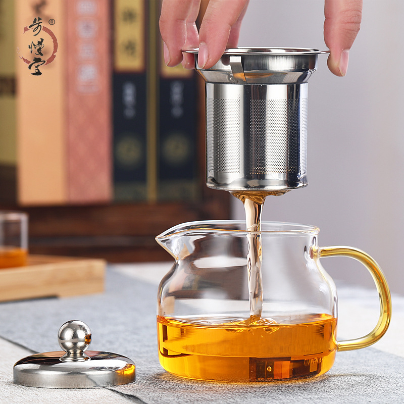 Ceainic din sticlă rezistent la temperaturi înalte, infuzor din oțel inoxidabil, set Gongfu cu farfurioară și ceașcă, mâner colorat.