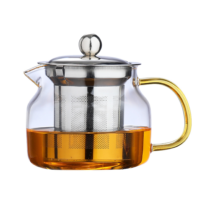 Ceainic din sticlă rezistent la temperaturi înalte, infuzor din oțel inoxidabil, set Gongfu cu farfurioară și ceașcă, mâner colorat.