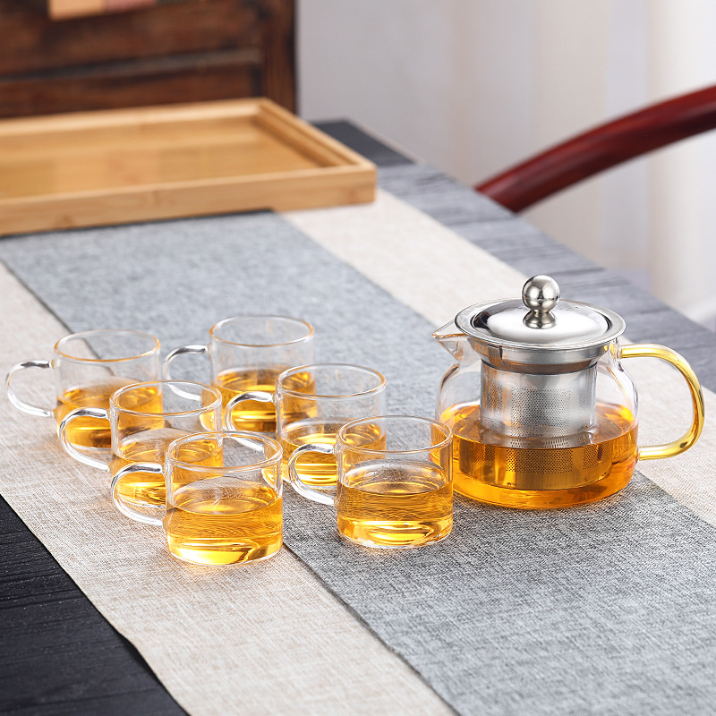 Ceainic din sticlă rezistent la temperaturi înalte, infuzor din oțel inoxidabil, set Gongfu cu farfurioară și ceașcă, mâner colorat.