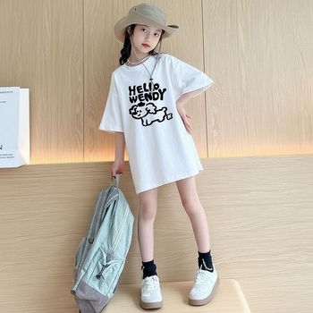Qiaonika Tricou de copii din bumbac cu mânecă scurtă pentru fete, design animat, top de vară pentru copii mai mari