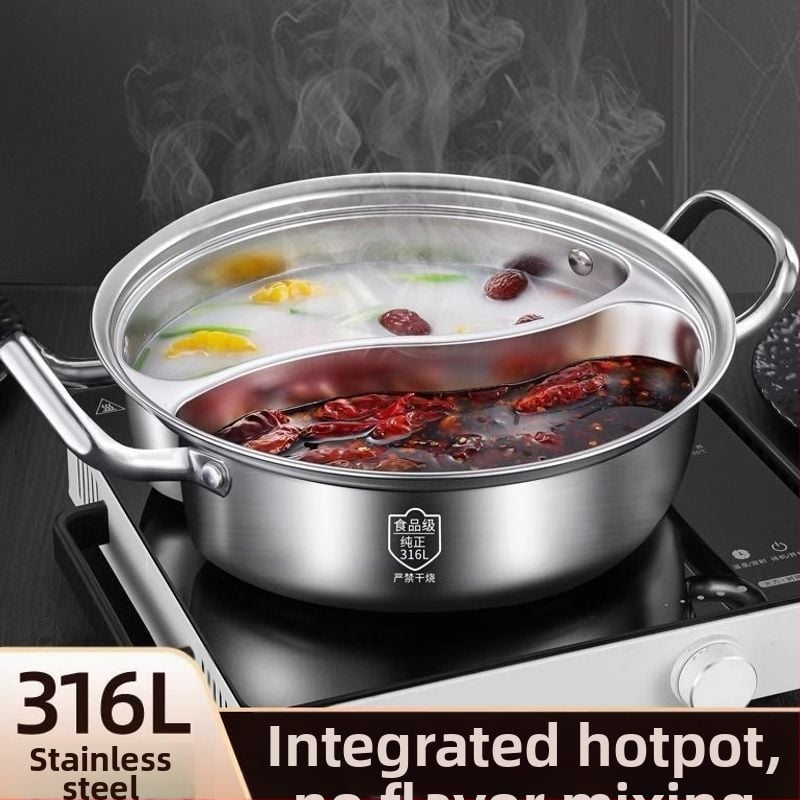 Élelmiszer-minőségű 316 rozsdamentes acélból készült kétkamrás hot pot, egyrészes kialakítás, alkalmas indukciós és gáztűzhelyhez.