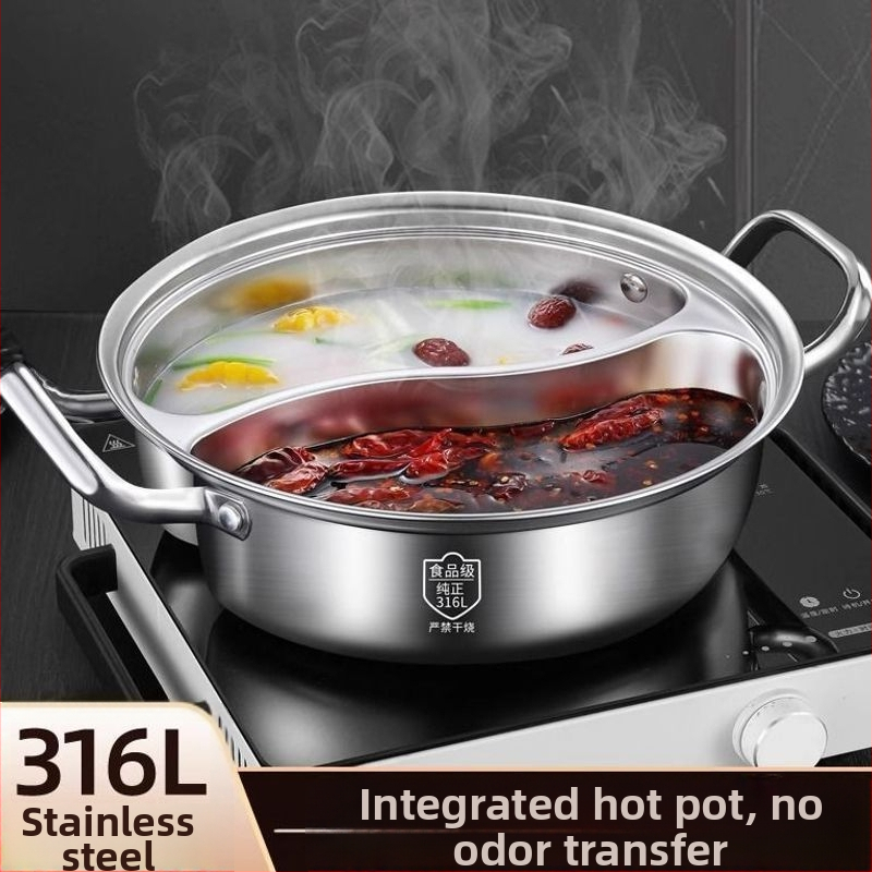 Élelmiszer-minőségű 316 rozsdamentes acélból készült kétkamrás hot pot, egyrészes kialakítás, alkalmas indukciós és gáztűzhelyhez.