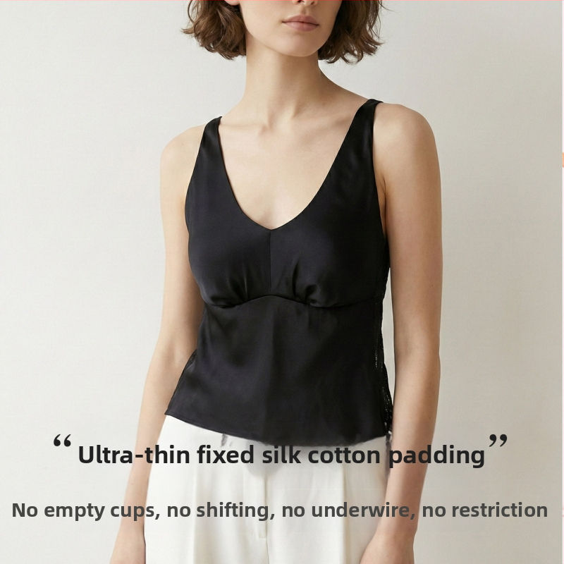 Tangge Cămisolă din satin elastic de mătase, cu sutien încorporat, decolteu în V, spate frumos, mătase Mulberry, dantelă sexy, ultra-subțire, stil franțuzesc