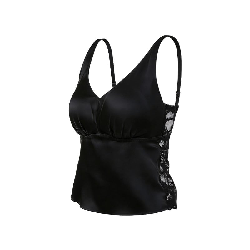 Tangge Cămisolă din satin elastic de mătase, cu sutien încorporat, decolteu în V, spate frumos, mătase Mulberry, dantelă sexy, ultra-subțire, stil franțuzesc