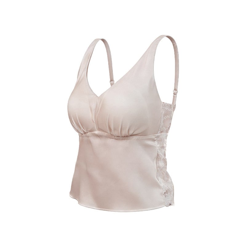 Tangge Cămisolă din satin elastic de mătase, cu sutien încorporat, decolteu în V, spate frumos, mătase Mulberry, dantelă sexy, ultra-subțire, stil franțuzesc