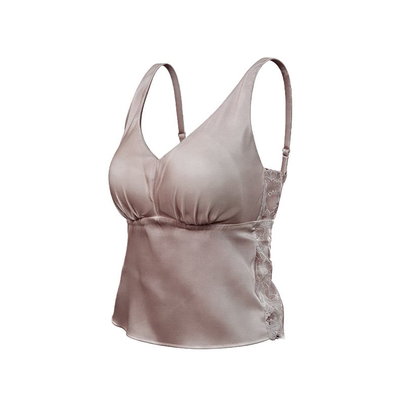 Tangge Cămisolă din satin elastic de mătase, cu sutien încorporat, decolteu în V, spate frumos, mătase Mulberry, dantelă sexy, ultra-subțire, stil franțuzesc