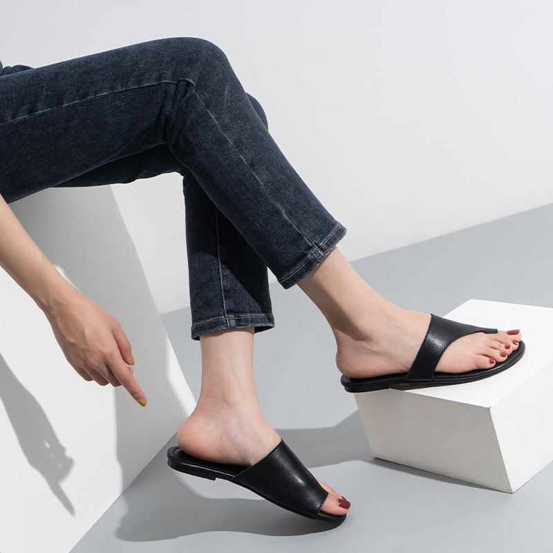 Sandale din piele naturală, talpă plată, mărime plus, cu curea pentru deget, deget deschis, plajă casual, antiderapante, elegante și simple
