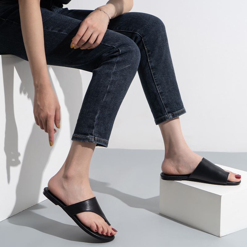 Sandale din piele naturală, talpă plată, mărime plus, cu curea pentru deget, deget deschis, plajă casual, antiderapante, elegante și simple