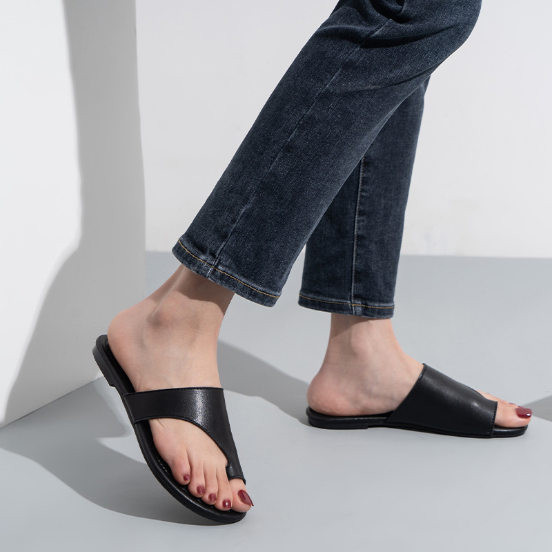 Sandale din piele naturală, talpă plată, mărime plus, cu curea pentru deget, deget deschis, plajă casual, antiderapante, elegante și simple