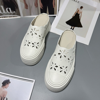 Sandale din piele naturală, talpă groasă, decupaje ornamentale, vârf deschis, respirabile, slip-on pentru femei