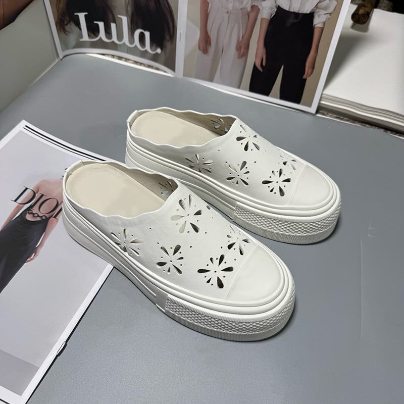 Sandale din piele naturală, talpă groasă, decupaje ornamentale, vârf deschis, respirabile, slip-on pentru femei
