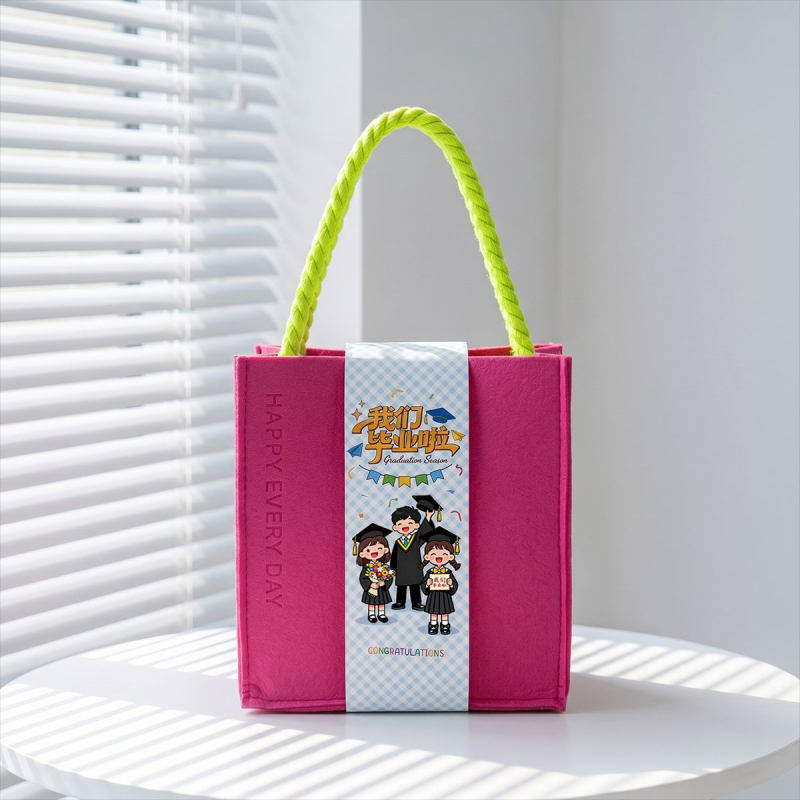 Geantă verde din fetru, amintire de la absolvirea grădiniței, destinată distribuirii între clasele primare și gimnaziale, dimensiuni aproximative 25 cm lungime x 10 cm lățime x 22 cm înălțime
