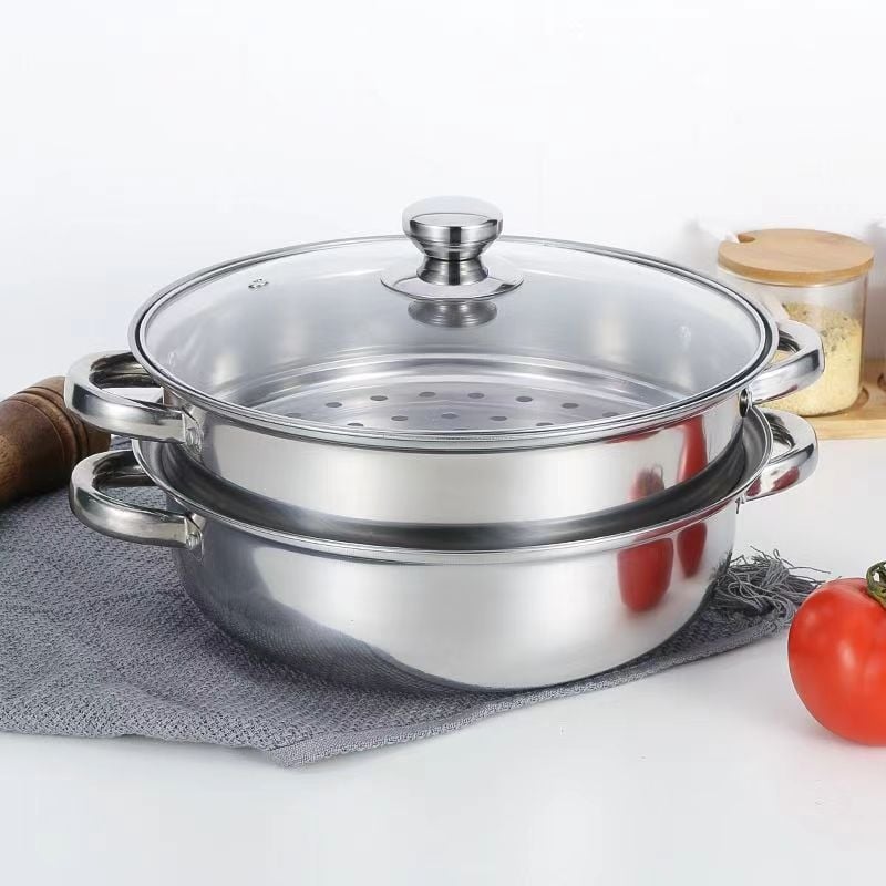 Rozsdamentes acél gőzölő 28 cm, megvastított kétszintes gőzölőedény, multifunkcionális fazék levesekhez és hot pot-hoz, indukciós tűzhelyhez kompatibilis, üvegfedő