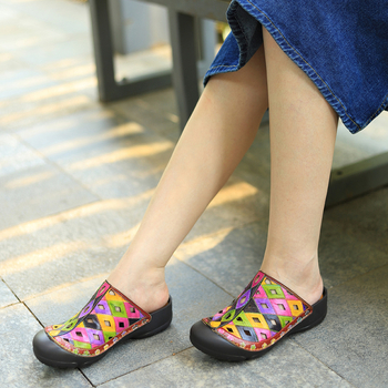 Piele naturală, vopsire manuală, sandale casual retro cu blocuri de culoare, decupaje, talpă plată confortabilă