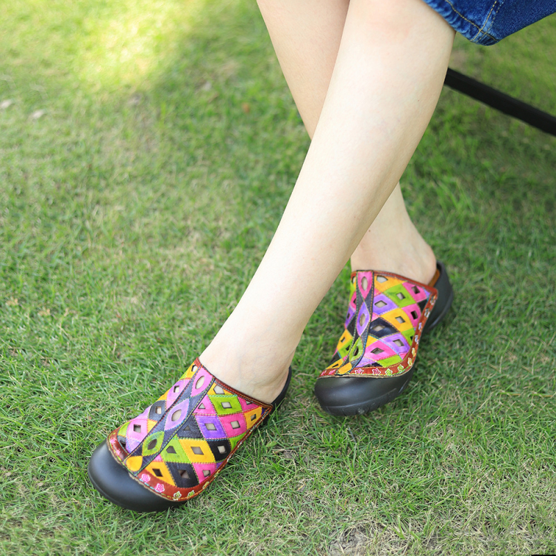 Piele naturală, vopsire manuală, sandale casual retro cu blocuri de culoare, decupaje, talpă plată confortabilă