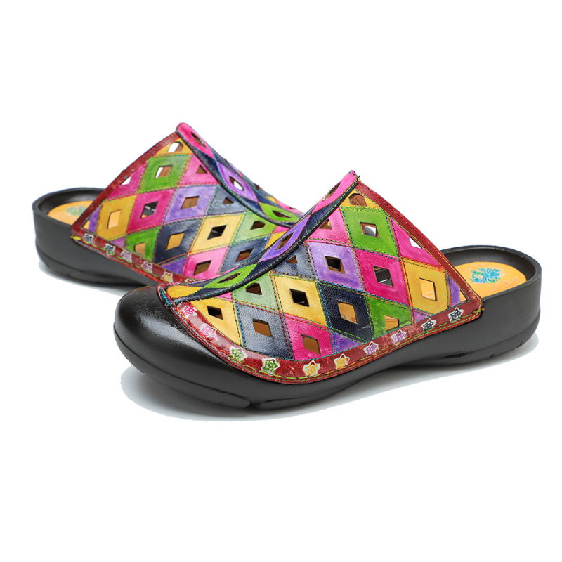 Piele naturală, vopsire manuală, sandale casual retro cu blocuri de culoare, decupaje, talpă plată confortabilă