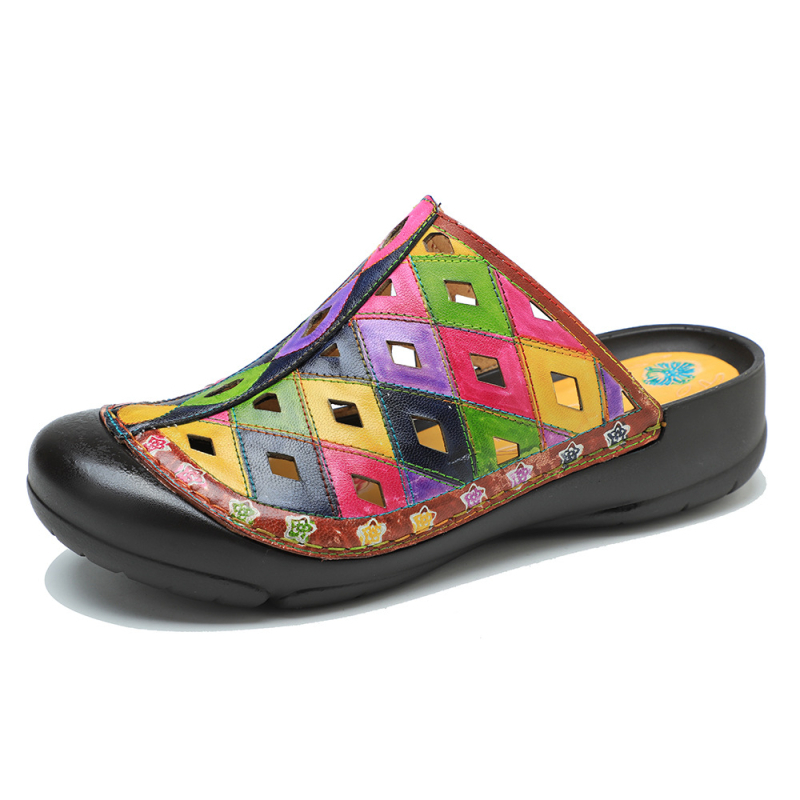Piele naturală, vopsire manuală, sandale casual retro cu blocuri de culoare, decupaje, talpă plată confortabilă