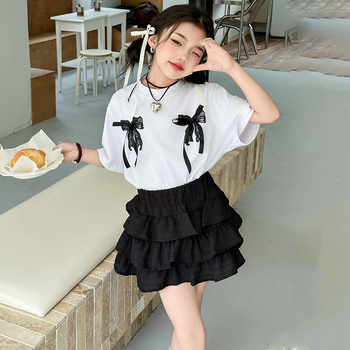 Set pentru fete: top cu mânecă scurtă și fustă în stil coreean, panglică din dantelă, look prințesă, ansamblu de vară