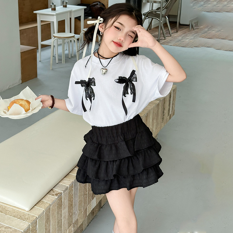 Set pentru fete: top cu mânecă scurtă și fustă în stil coreean, panglică din dantelă, look prințesă, ansamblu de vară