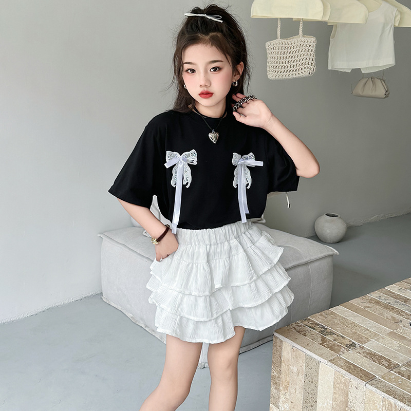 Set pentru fete: top cu mânecă scurtă și fustă în stil coreean, panglică din dantelă, look prințesă, ansamblu de vară
