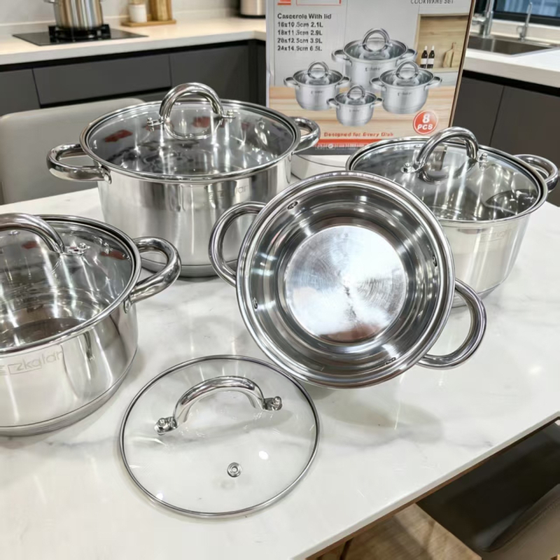 Set de 8 oale de supă din oțel inoxidabil, fund gros, mâneri duble, vase de bucătărie