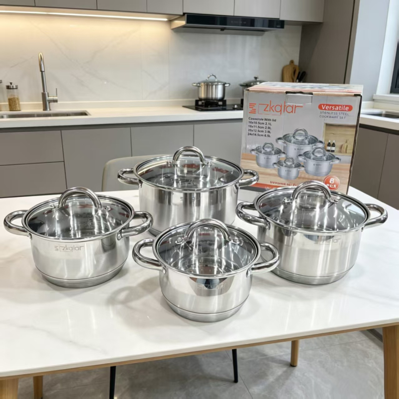 Set de 8 oale de supă din oțel inoxidabil, fund gros, mâneri duble, vase de bucătărie