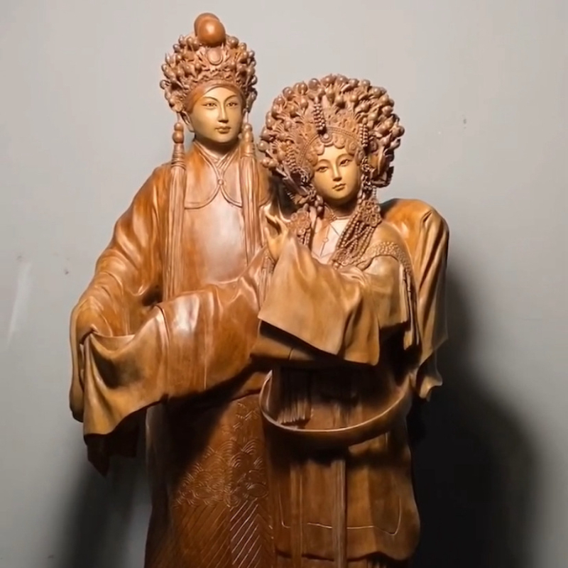 Set de statui religioase din lemn, sculptate și vopsite: Buddha și Bodhisattva, figuri cu animale, flori și păsări – decorațiuni