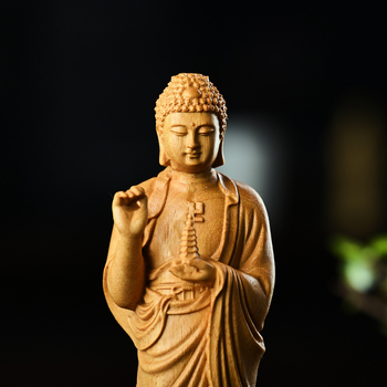 Statuie Buddha Medicina din lemn de santal auriu, sculptură din lemn pentru decor în living