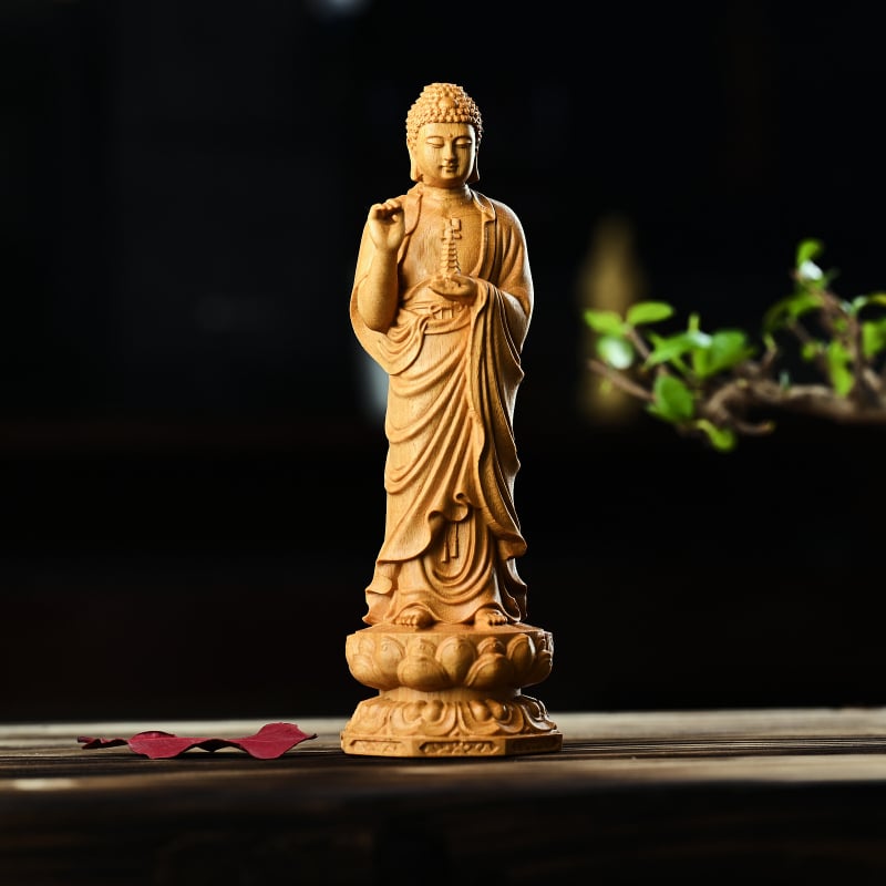 Statuie Buddha Medicina din lemn de santal auriu, sculptură din lemn pentru decor în living