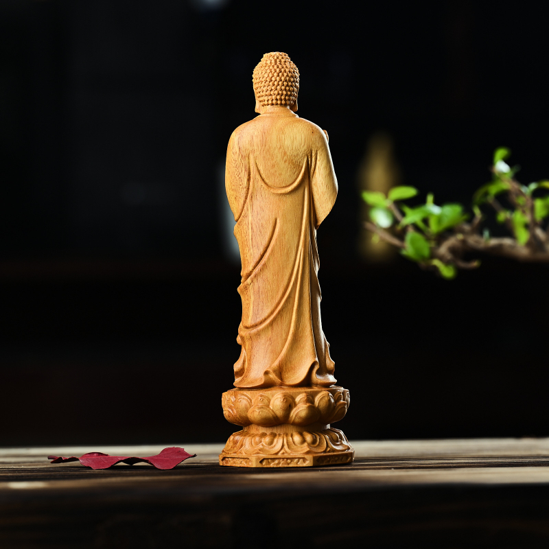 Statuie Buddha Medicina din lemn de santal auriu, sculptură din lemn pentru decor în living