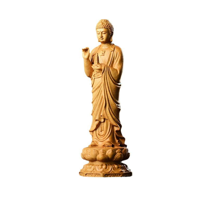 Statuie Buddha Medicina din lemn de santal auriu, sculptură din lemn pentru decor în living