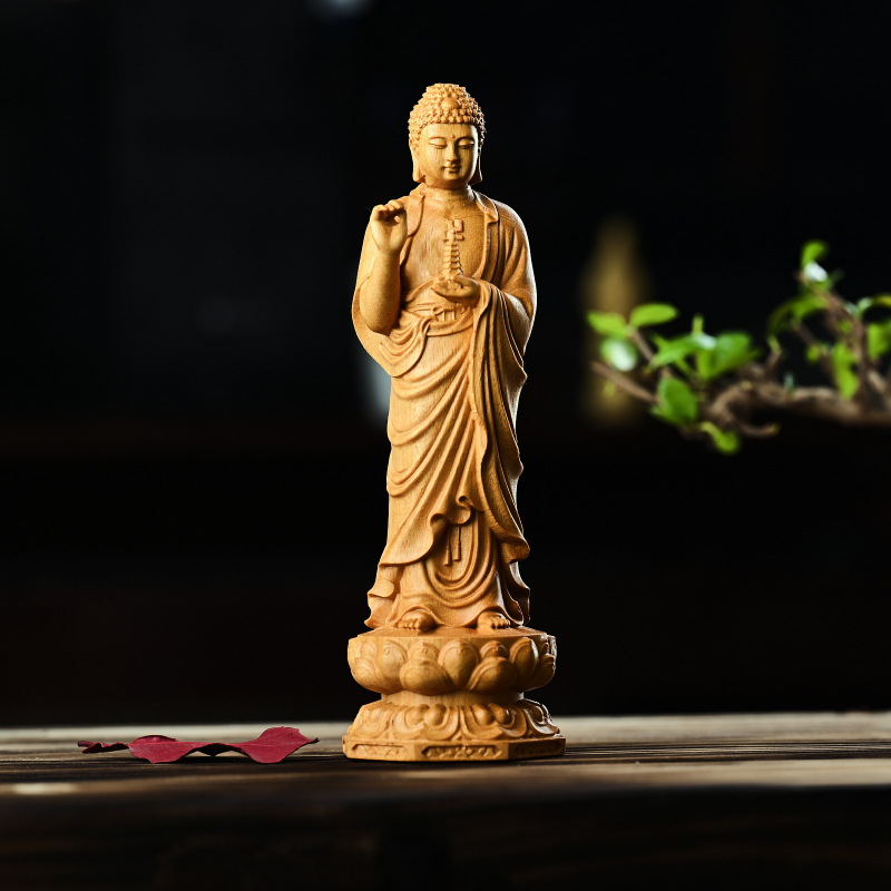 Statuie Buddha Medicina din lemn de santal auriu, sculptură din lemn pentru decor în living