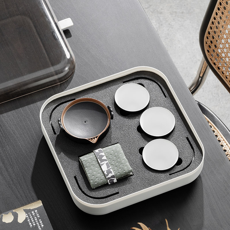 Set ceramic de ceai cu o oală și trei cești, finisaj sand-glazed, ideal ca cadou de afaceri, depozitare compactă