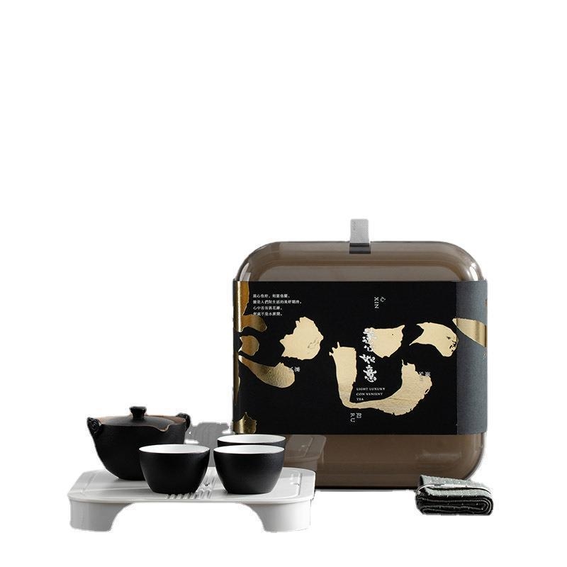 Set ceramic de ceai cu o oală și trei cești, finisaj sand-glazed, ideal ca cadou de afaceri, depozitare compactă