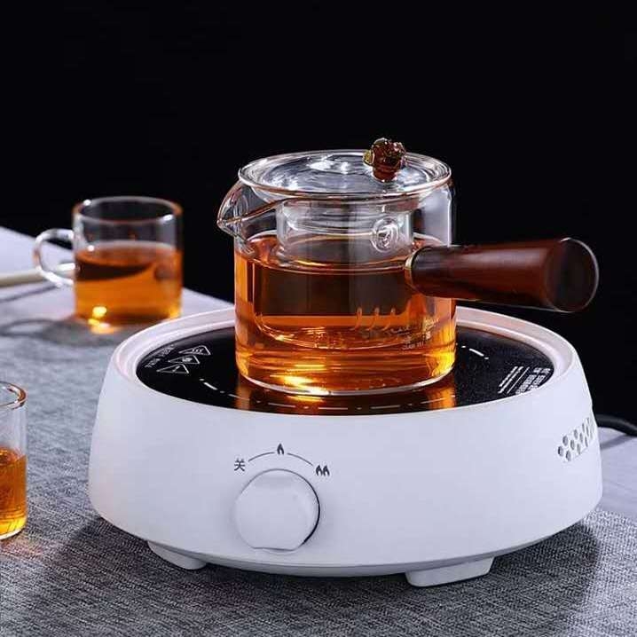 Ceainic din sticlă rezistentă la căldură cu mâner lateral, design anti-arzire, pentru uz casnic, cu filtru, stil modern simplu, pentru până la 6 porții