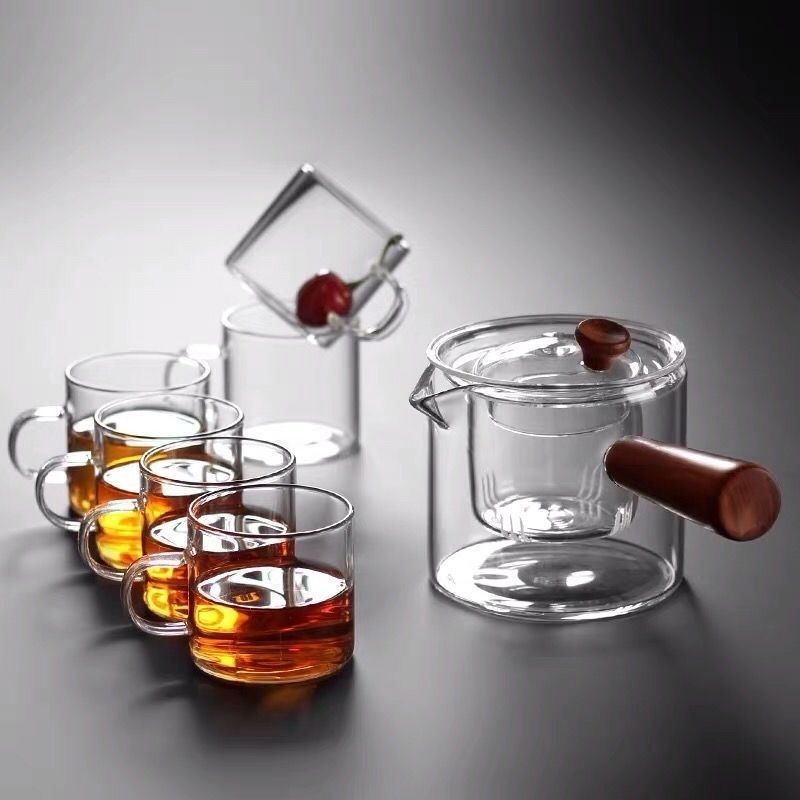 Ceainic din sticlă rezistentă la căldură cu mâner lateral, design anti-arzire, pentru uz casnic, cu filtru, stil modern simplu, pentru până la 6 porții