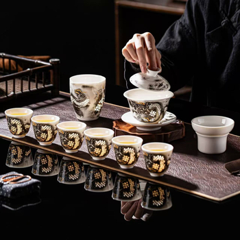 Set Kung Fu de ceai din porțelan Jade pentru birou și casă – set ceramic complet cu ceainic și vas de ceai în cutie cadou