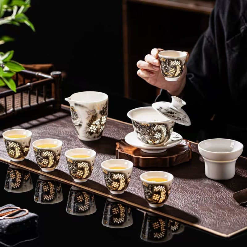 Set Kung Fu de ceai din porțelan Jade pentru birou și casă – set ceramic complet cu ceainic și vas de ceai în cutie cadou