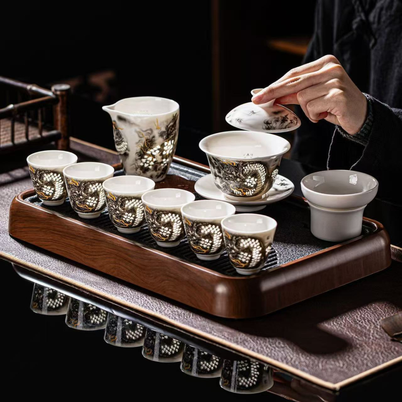 Set Kung Fu de ceai din porțelan Jade pentru birou și casă – set ceramic complet cu ceainic și vas de ceai în cutie cadou